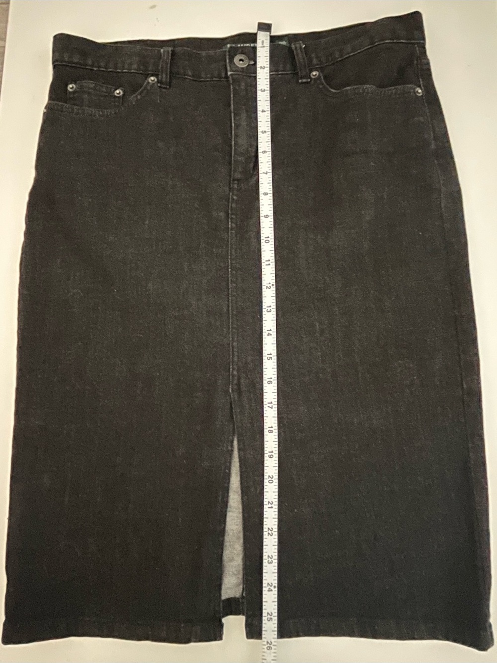 Lauren Ralph Lauren Black Denim Midi Pencil Skirt Front Split Stretch Size 10 - Picture 11 of 12